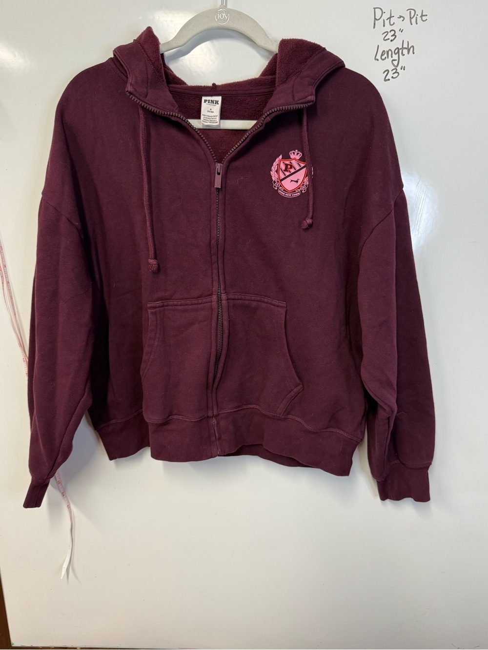 PINK Victoria's Secret burgundy Zip-Up Hoodie with collage crest logo M